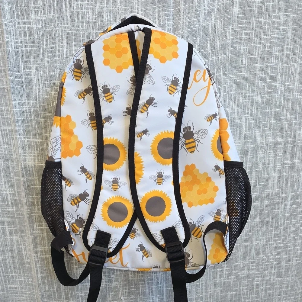 Bee Honeycomb Sunflower Print Kids Backpack With Mesh Pockets And Zipper Accent